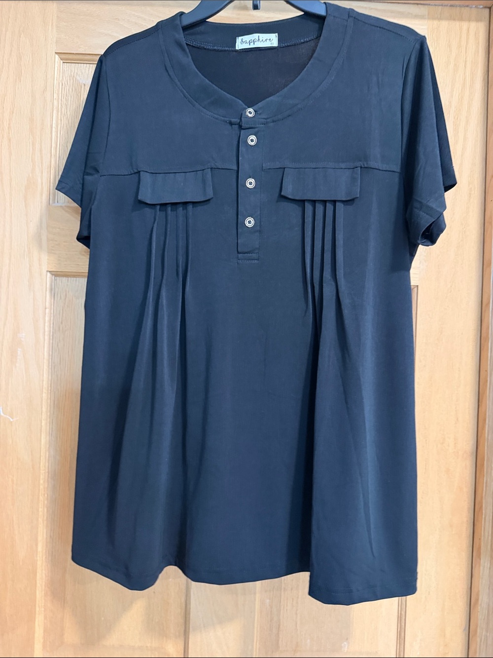 Black Short-Sleeve Pleated Henley Top